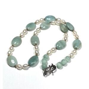 Necklace Freshwater Pearls Blue Sone Beads 19” Vintage Artisan Estate